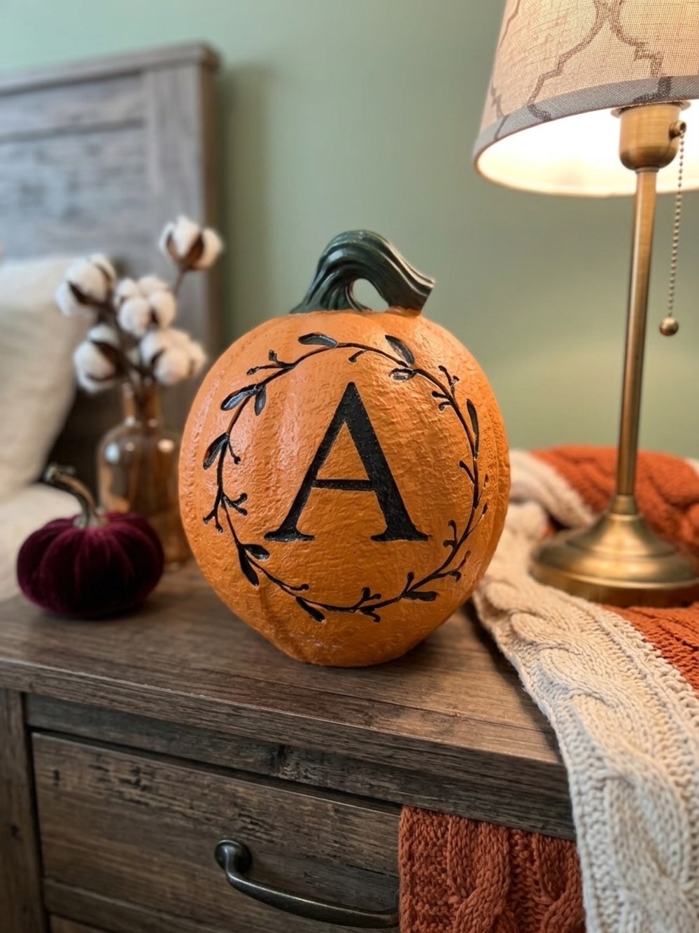 Fall Monogram Letter A Pumpkin Decor Rustic Autumn Halloween Thanksgiving 8"